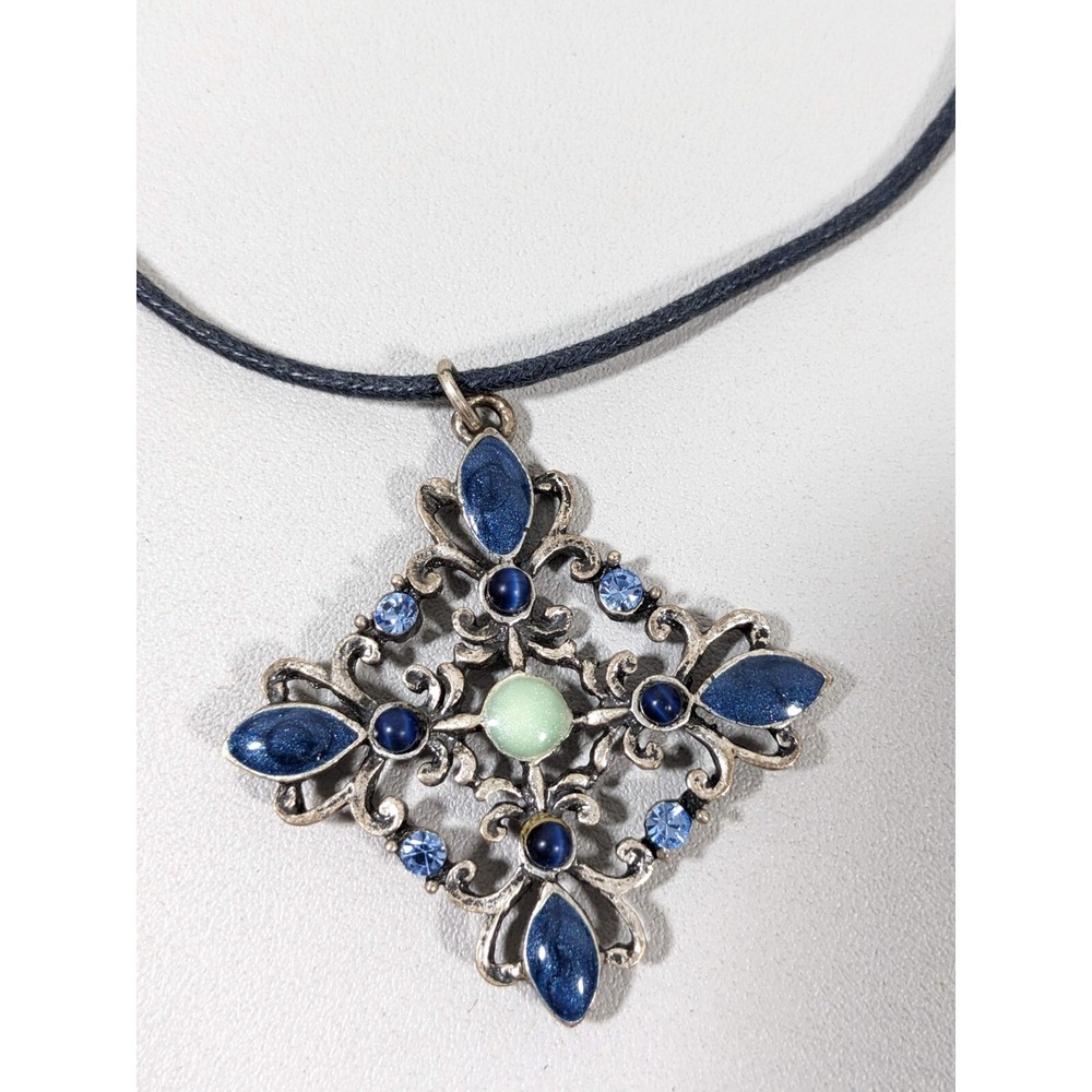 Blue Green Open Work Medallion Square Pendant‎ Black Cord Necklace 15 in